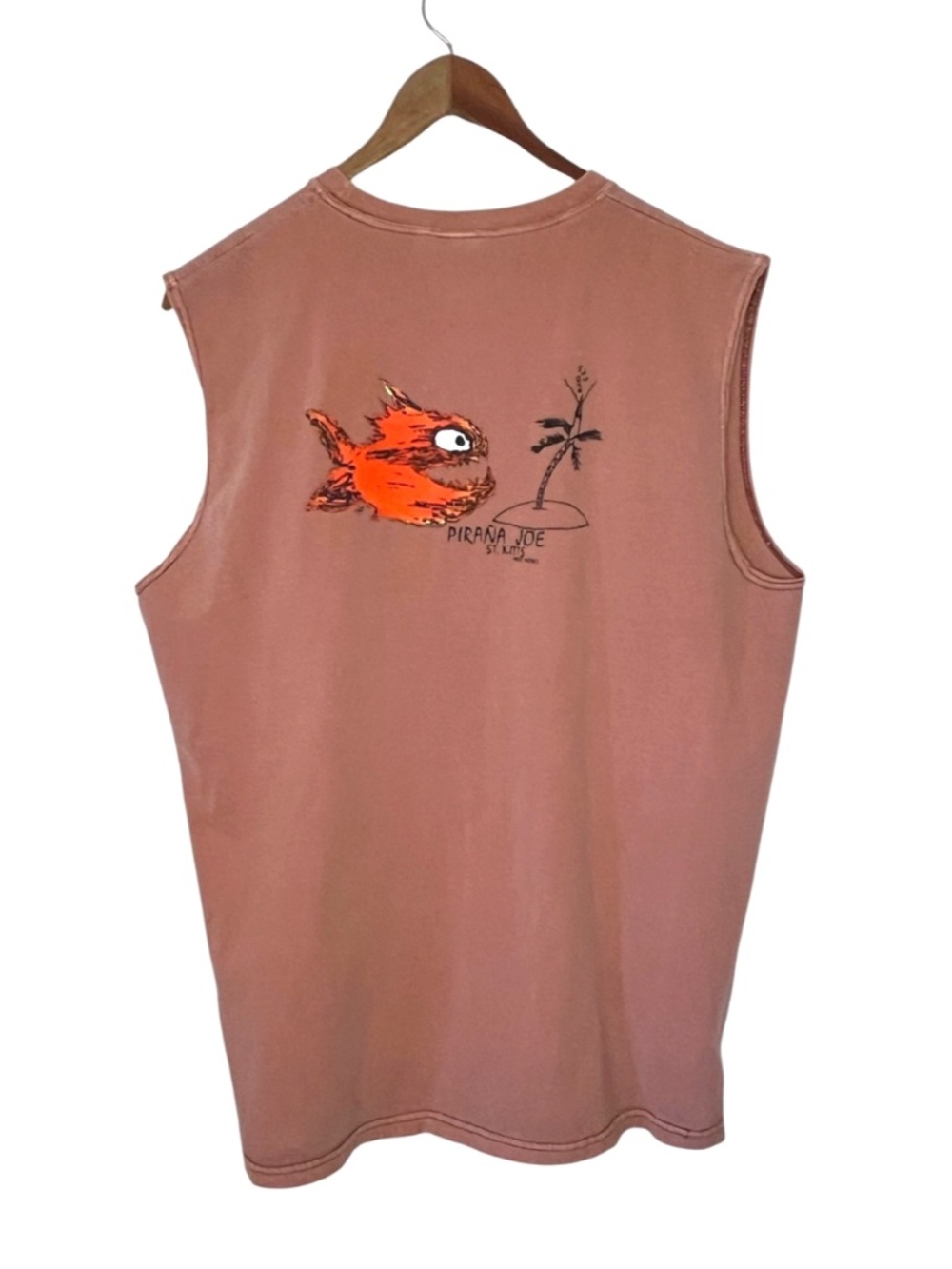 Vintage Men's Piraña Joe St. Kitts West Indies Fish Surf Beach Rust Tank Top L